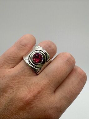 ⁠925 Sterling Silver Wide Band Ring Pink CZ Gemstone Statement Ring⁠